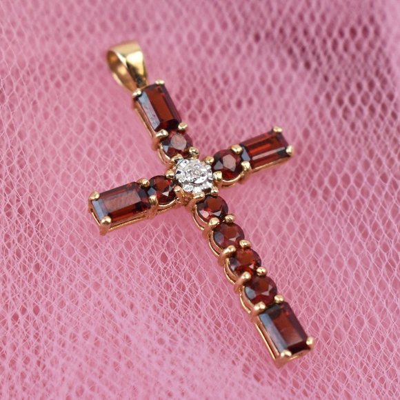 Garnet and diamond cross pendant solid 10K gold - Picture 4 of 12